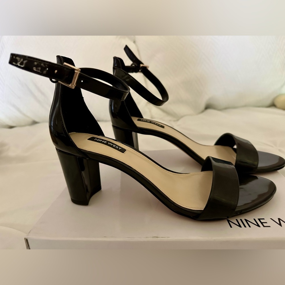 Nine West Black Patent Ankle-Strap Block Heels